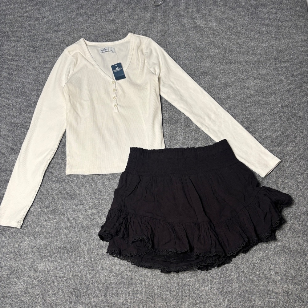 Y2K Women's S‎ Outfit Set Hollister Ribbed Henley Aero Ruffle Mini Skirt NWT